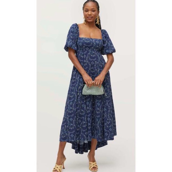 Hill House Dresses & Skirts - Hill House Blue Floral Square-Neck Midi Dress Puff Sleeves Matilda Charm Scallop